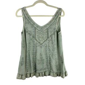Soft Surroundings Embroidered Tank Women Small Gray Green India Boho Cottage